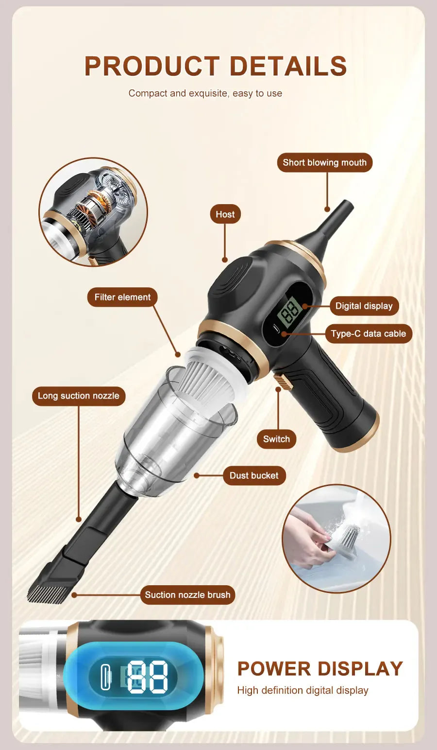Cordless Air Duster & Vacuum, 2-in-1 Handheld Cleaner with Digital Display