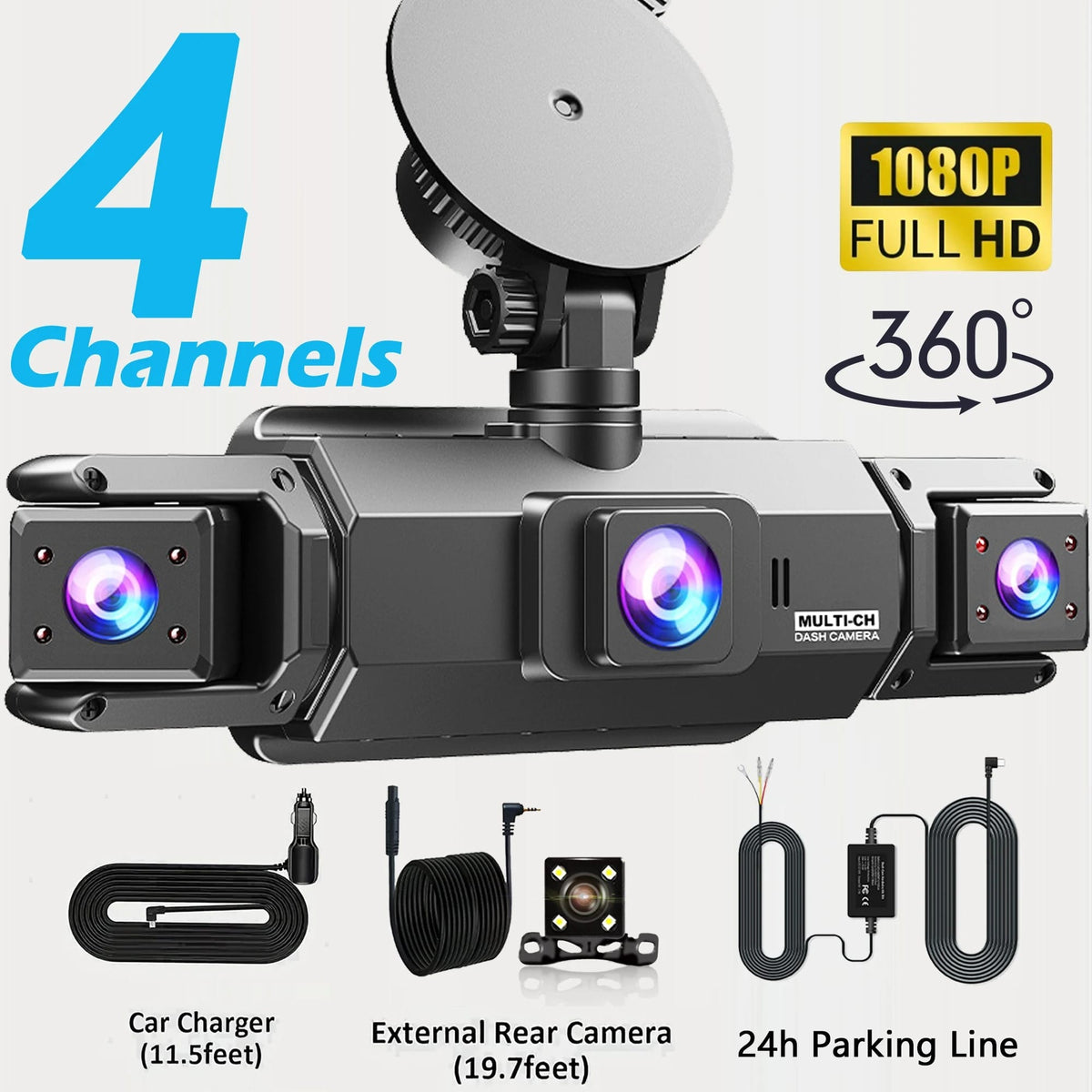 360° 4-Lens Dash Camera with Night Vision & Parking Monitor