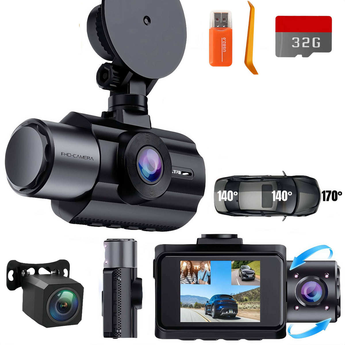 4K 3-Channel Dash Cam with Front, Rear & Interior Cameras