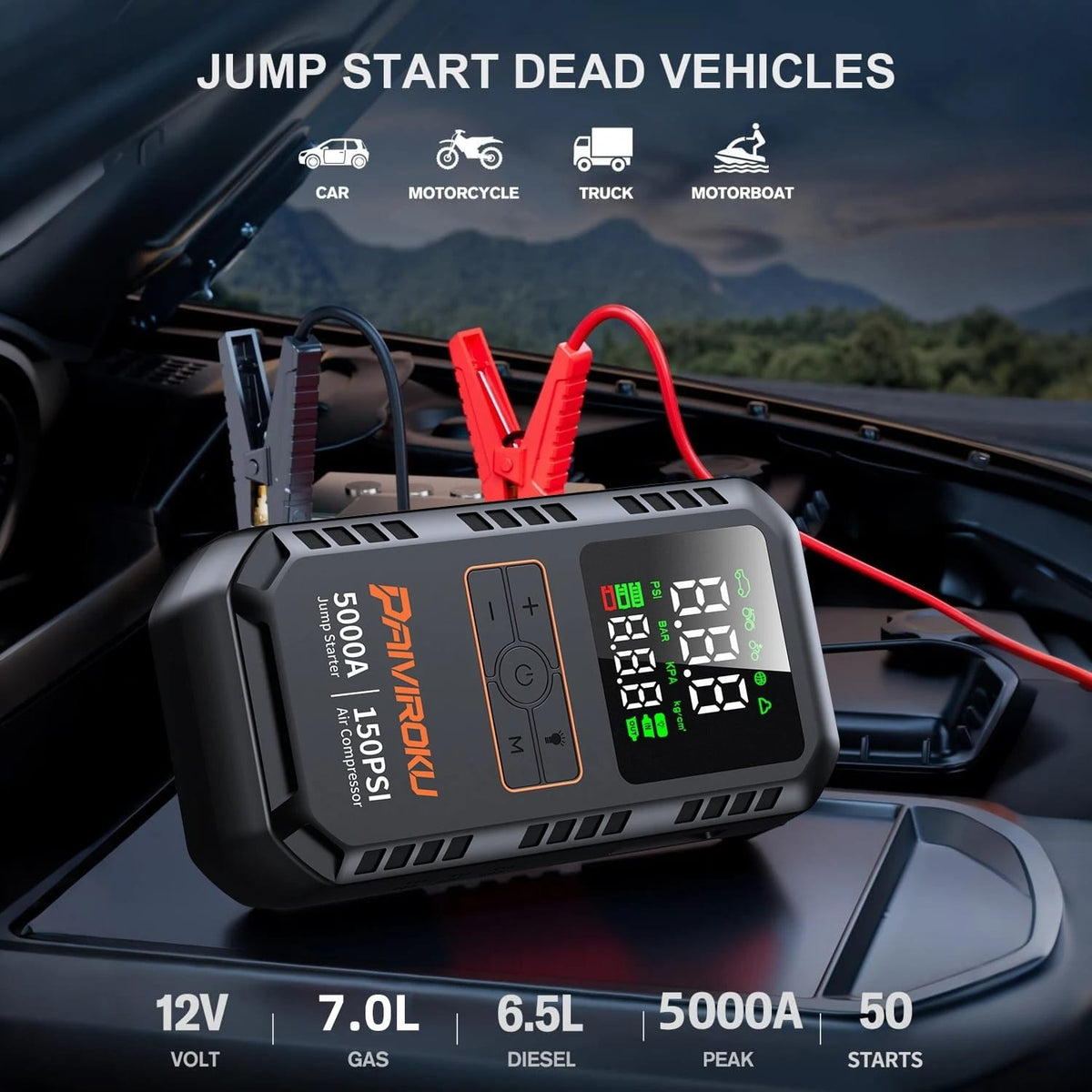 4-in-1 5000A Jump Starter with Air Compressor & Power Bank