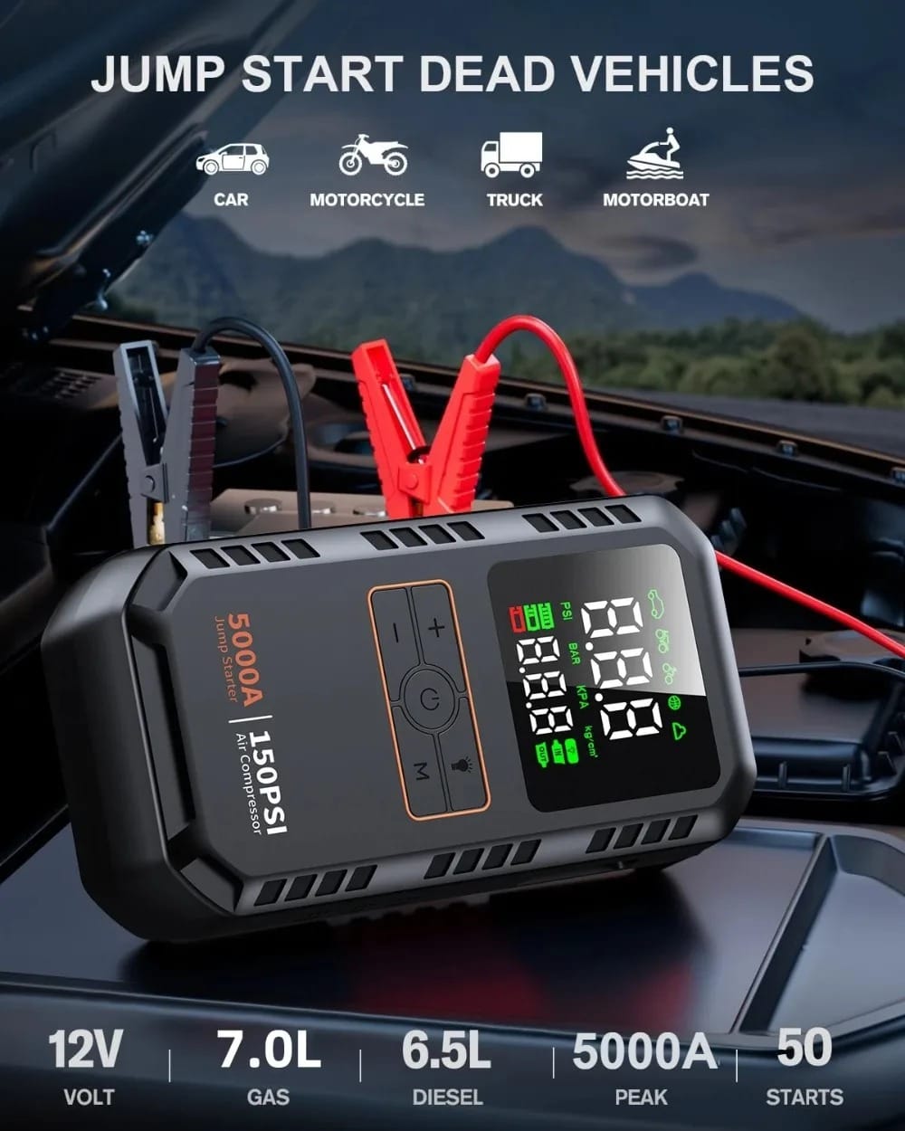 5000A Car Jump Starter with 150 PSI Air Compressor