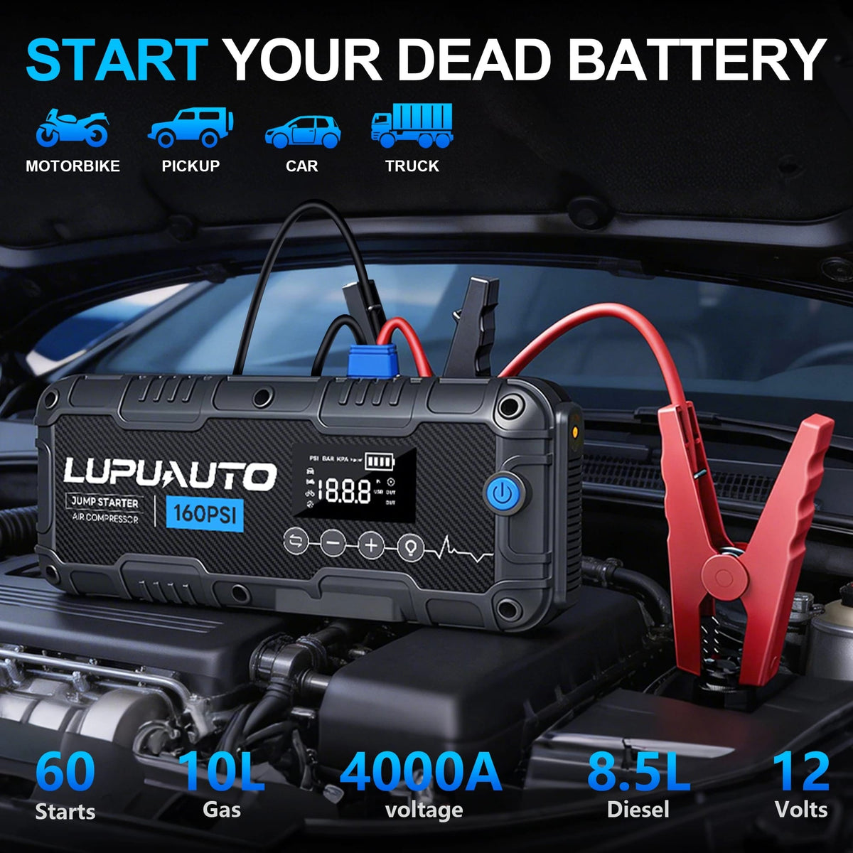 4-in-1 4000A Jump Starter with 160 PSI Air Compressor