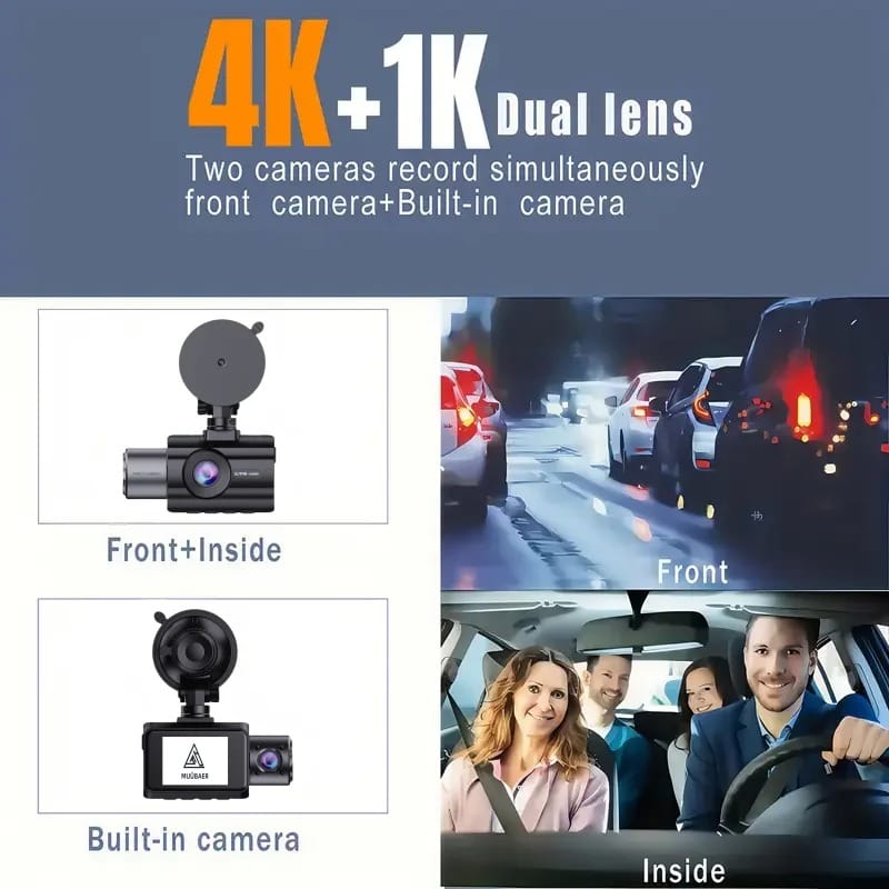 4K 3-Channel Dash Cam with Front, Rear & Interior Cameras