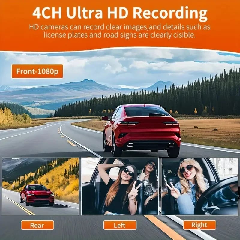 360° 4-Lens Dash Camera with Night Vision & Parking Monitor