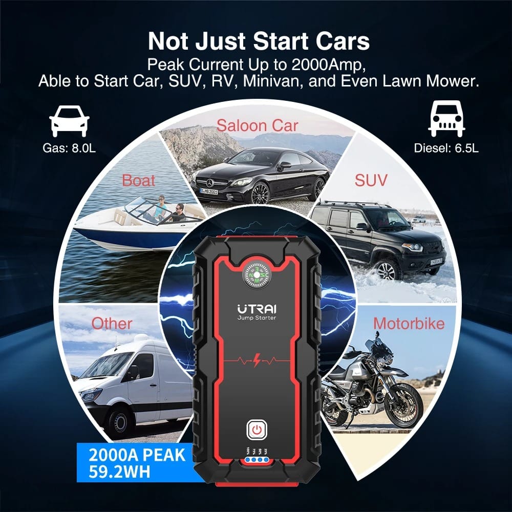 2000A Portable Car Jump Starter Power Bank 12V Battery Booster