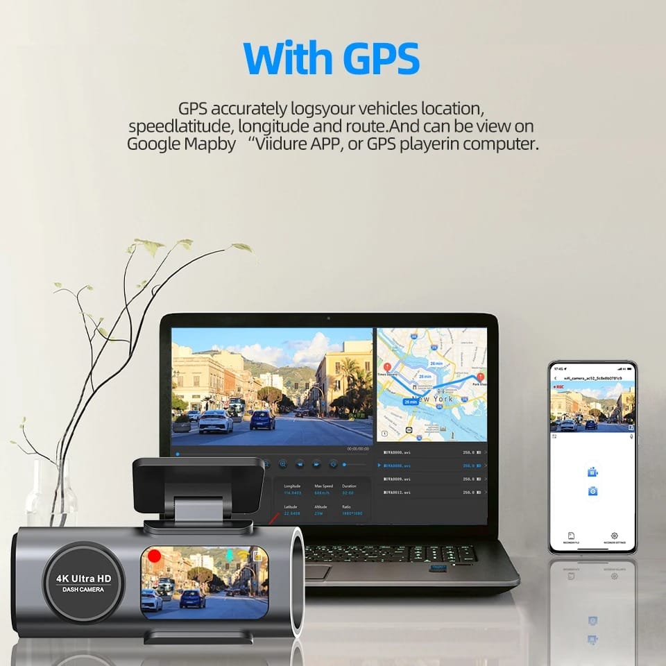 4K UHD WiFi Dash Cam with GPS & Night Vision