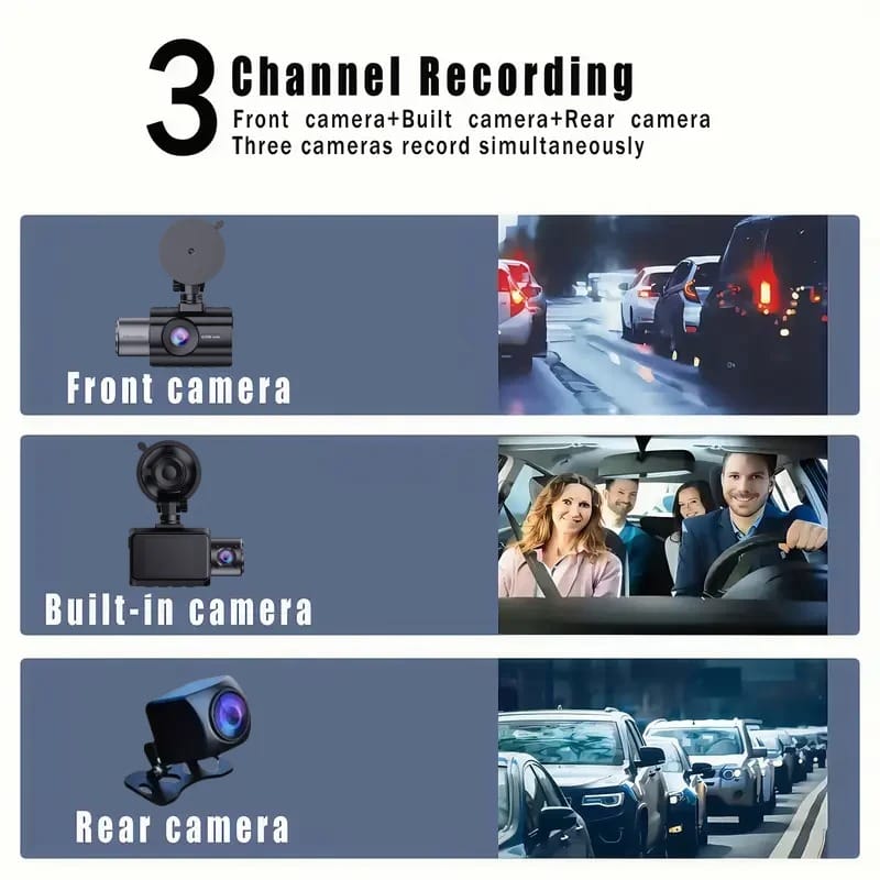 4K 3-Channel Dash Cam with Front, Rear & Interior Cameras
