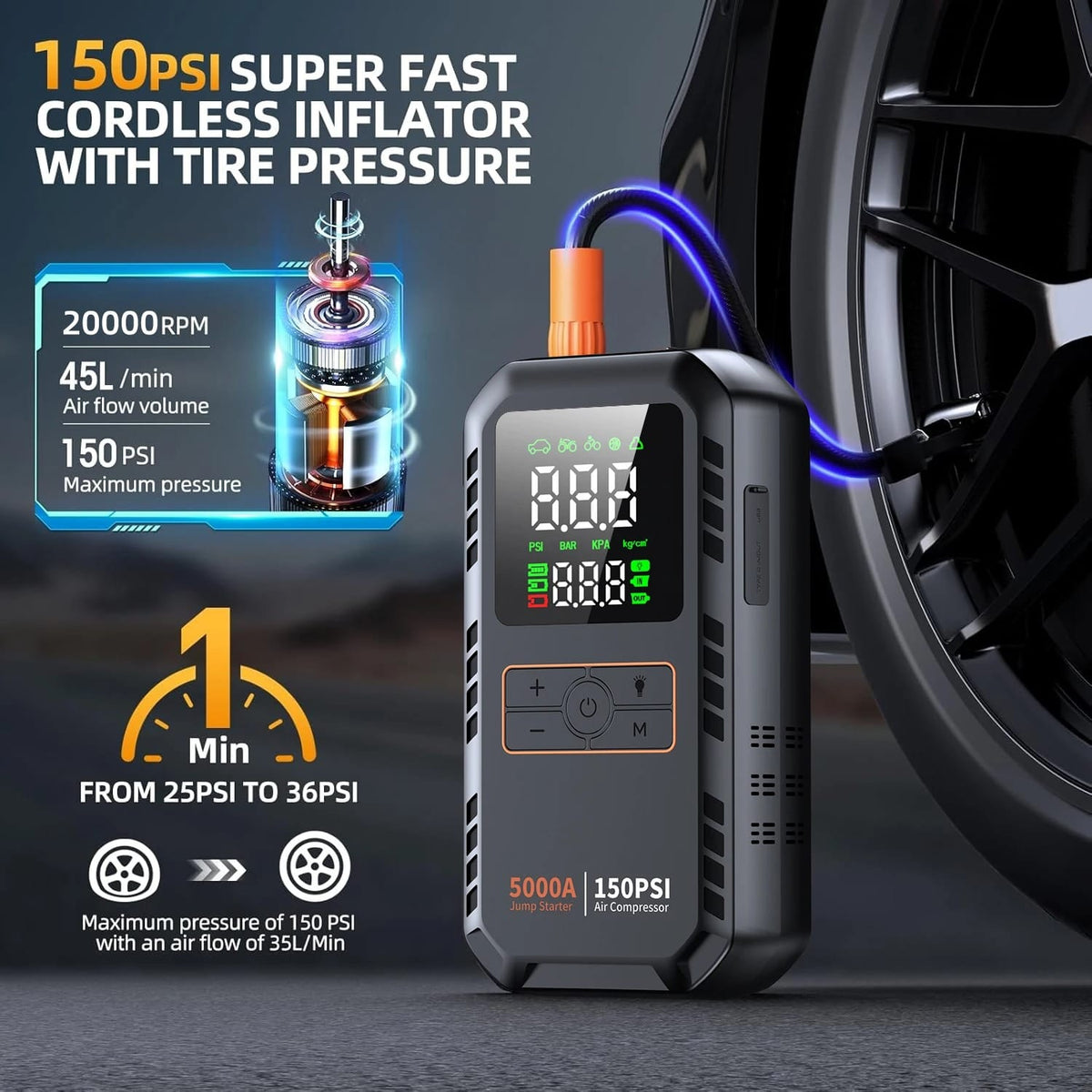 5000A Car Jump Starter with 150 PSI Air Compressor