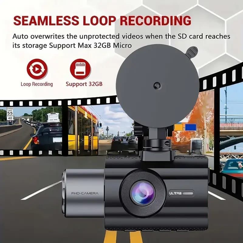 4K 3-Channel Dash Cam with Front, Rear & Interior Cameras