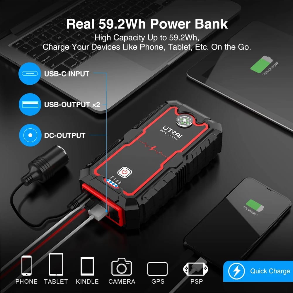 2000A Portable Car Jump Starter Power Bank 12V Battery Booster