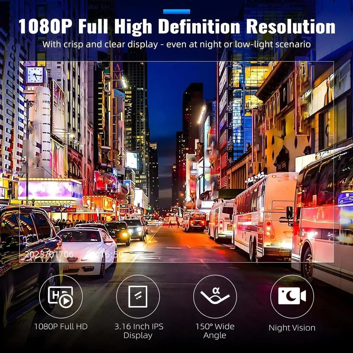 1080P Front & Rear Dash Camera with Night Vision
