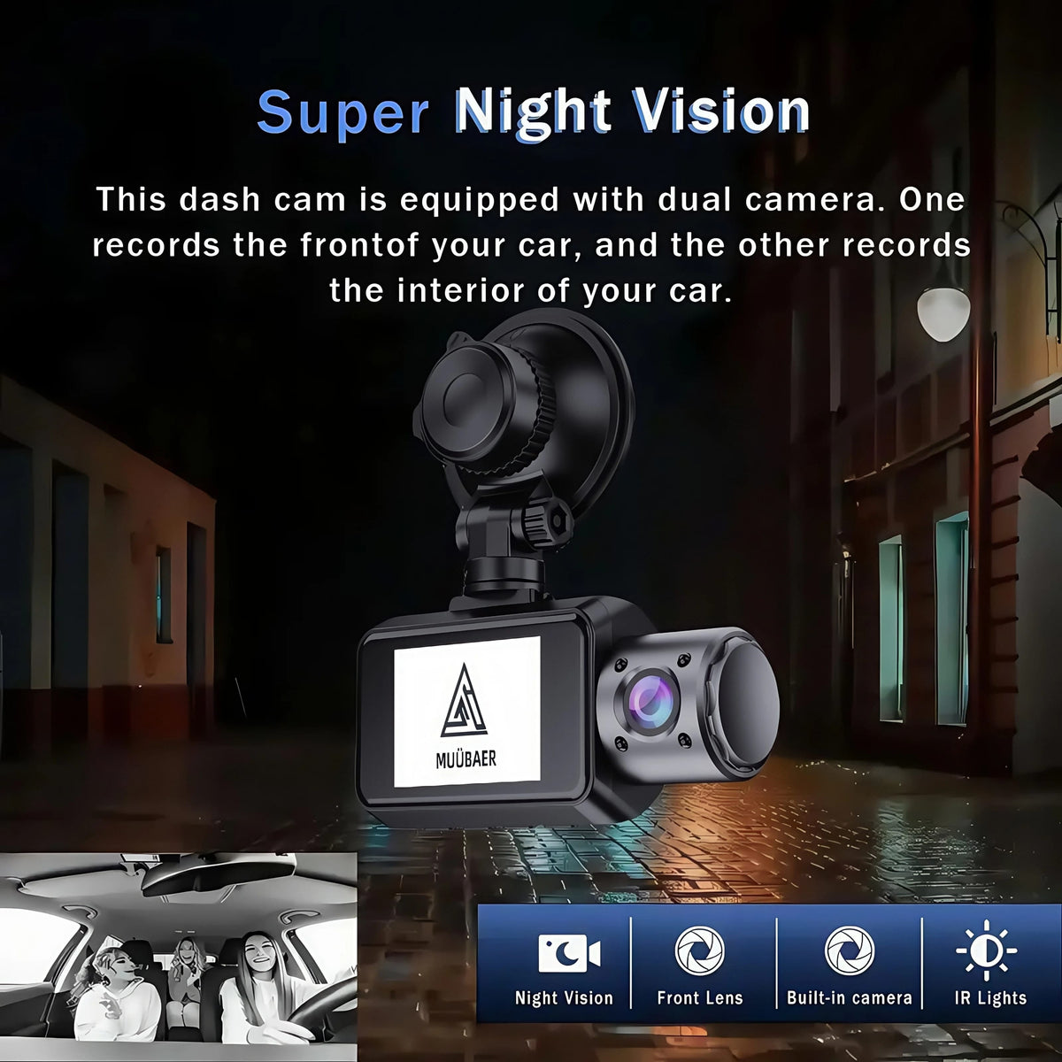 4K 3-Channel Dash Cam with Front, Rear & Interior Cameras