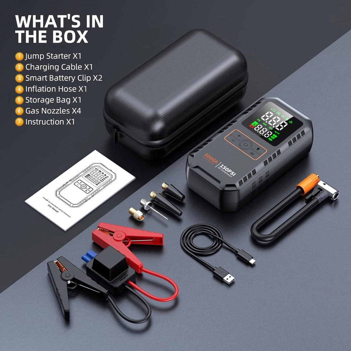 5000A Car Jump Starter with 150 PSI Air Compressor