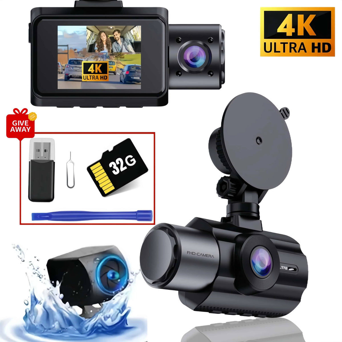 4K 3-Channel Dash Cam with Front, Rear & Interior Cameras