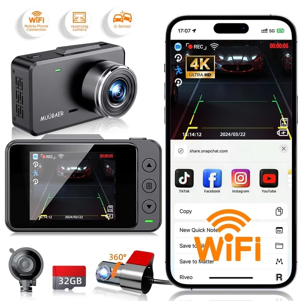 4K 3-Channel Dash Cam with Front, Rear & Interior Cameras
